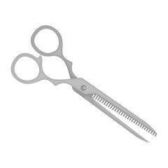 Flat vector icon of professional hair thinning scissors. Steel barber's shears. Instrument for cutting hair