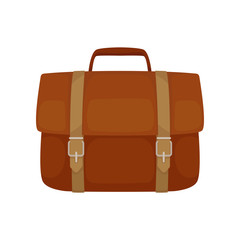 Brown leather briefcase with belts and small handle. Rectangular business bag for carrying documents. Flat vector icon