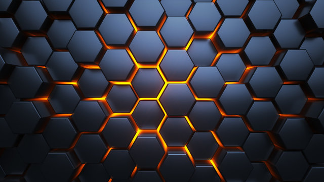 Blue and orange hexagons. Modern background. 3d illustration.