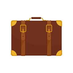 Old brown traveler suitcase. Vintage leather bag with small handle, belts and golden corners. Flat vector design