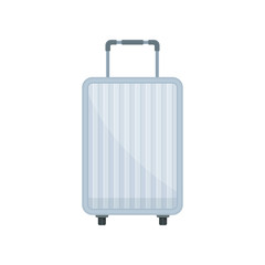 Gray plastic suitcase on wheels. Travel bag with telescopic handle. Luggage for adventure. Flat vector icon