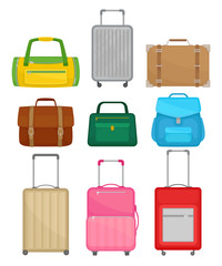 Flat vector set of different bags. Women handbag, leather briefcase, backpack, traveler suitcases on wheels, duffel bag
