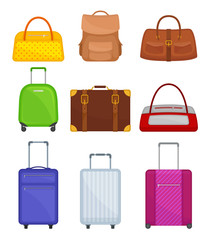 Flat vector set of various bags. Travel suitcases on wheels, women handbag, backpack, duffel bag. Traveler luggage