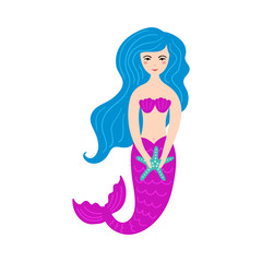 Hand drawn cute little mermaid girl with starfish. 