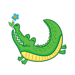 Hand drawn cute crocodile with flower. 