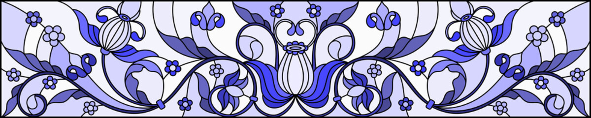 Illustration in stained glass style with abstract  swirls,flowers and leaves  on a light background, gamma blue