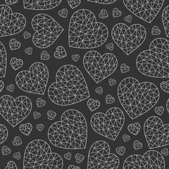 Fototapeta premium Seamless pattern with abstract cracked hearts, light contoured hearts on dark background