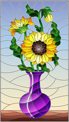 Illustration in stained glass style with floral still life, a bouquet of sunflowers in a purple vase on a blue background
