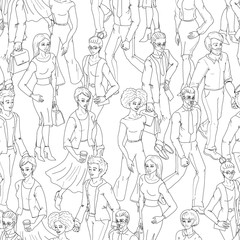 Seamless pattern with business people walking. Sketch style illustration with men and woman.