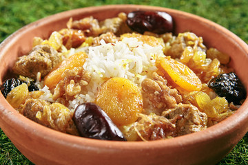 Beautiful Serving Vintage Ceramic Bowl of Turshu with Rice, Lamb Meat