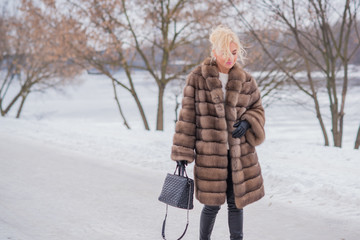 Nice elegant lady in fur coat at nature, autumn - winter season time, woman with attractive...