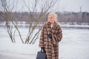 Nice elegant lady in fur coat at nature, autumn - winter season time, woman with attractive...