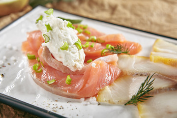 Smoked Salted Raw White Fish Fillet with Red Fish Sashimi