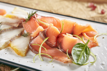 Smoked Salted Raw White Fish Fillet with Red Fish Sashimi