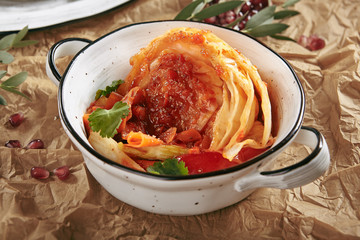 Pickled Fermented Spicy Cabbage in Red Sauce of Marinated Vegetables