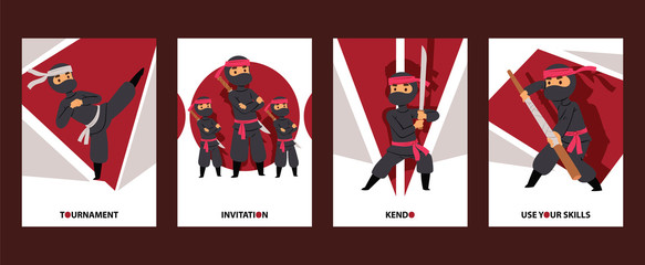 Ninja characters vector illustration. Ninja warrior with swords cards for tournament or classes invitation. Traditional school of martial arts. Kendo and Bojutsu. Use your skills. © Vectorvstocker