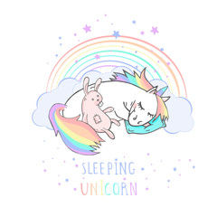 Vector illustration of hand drawn sleeping unicorn with bunny toy and text - SLEEPING UNICORN on withe background.
