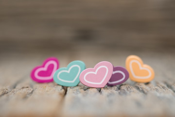 Many color Heart on wooden background. Copy space Valentines day concept