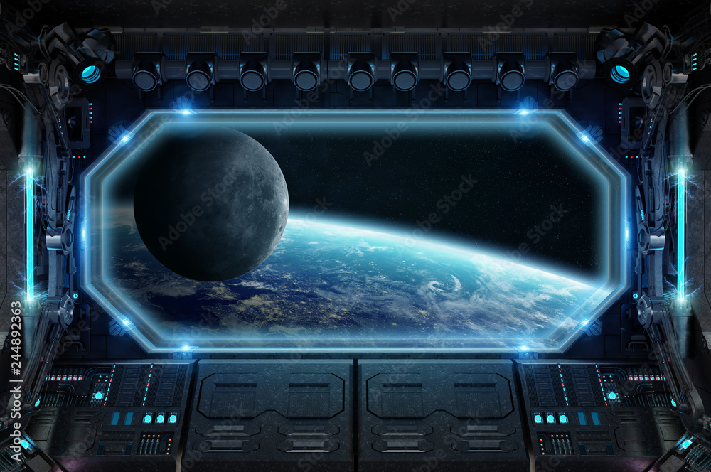 Poster Dark spaceship interior with large window view 3D rendering