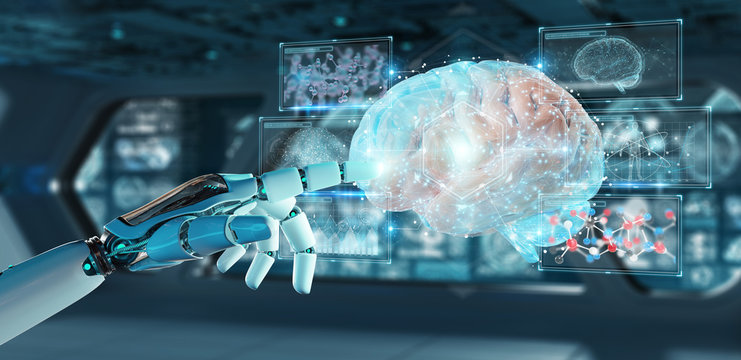 White man humanoid creating artificial intelligence 3D rendering
