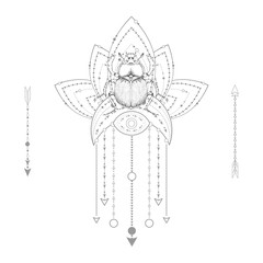 Vector illustration with hand drawn scarab and Sacred symbol on white background. Abstract mystic sign. Black linear shape. For you design, tattoo or magic craft.