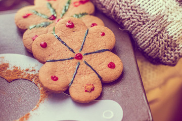 Gingerbread cookie on a sweater. Tasty flour product. Food
