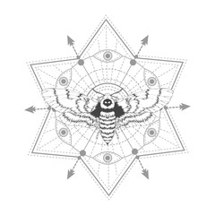 Vector illustration with hand drawn dead head moth and Sacred geometric symbol on white background. Abstract mystic sign. Black linear shape. For you design, tattoo or magic craft.