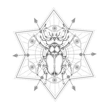 Vector illustration with hand drawn stag beetle and Sacred geometric symbol on white background. Abstract mystic sign. Black linear shape. For you design, tattoo or magic craft.