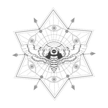 Vector illustration with hand drawn dead head moth and Sacred geometric symbol on white background. Abstract mystic sign. Black linear shape. For you design, tattoo or magic craft.