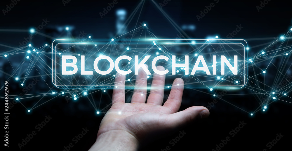 Poster Businessman using blockchain cryptocurrency interface 3D rendering