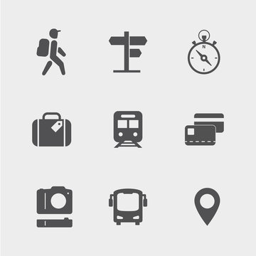 Traveling, transport, navigation, photo and payment outline icons