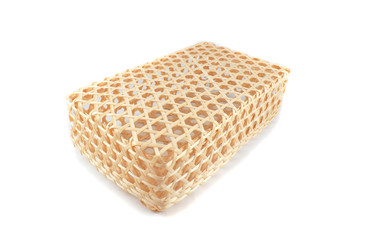 beautiful natural wicker basket,  isolated bamboo basket set on white background, natural packaging design by weaved bamboo, closing of handmade slight packaging on white background