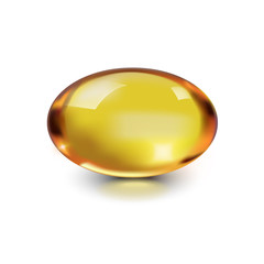 Oil capsule gold oval bubble isolated on white background. Cosmetic vitamin E, A, Omega 3. Antibiotic gel pill icon template for liver, fish. Realistic 3D serum droplet of collagen essential.