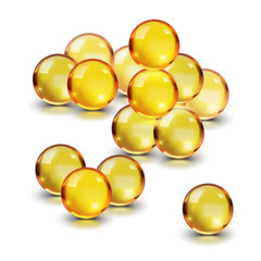 Oil gold glass ball isolated in vector on white background. Cosmetic pill capsule of vitamin E, A, Argan oil, Almond, cod liver, Omega 3, fish. Golden bubble template. Realistic 3d.