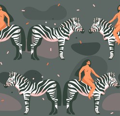 Fototapeta na wymiar Hand drawn vector abstract cartoon modern graphic African Safari Nature concept collage illustrations art print with zebra animals and nude wild women character isolated on dark color background