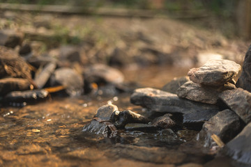 close up of stone that use to make weir in river with water steam flowing