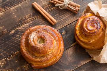 Cinnamon rolls on the table. horizontal top view