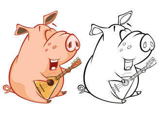 Vector Illustration of a Cute Pig Musician. Coloring Book Cartoon 