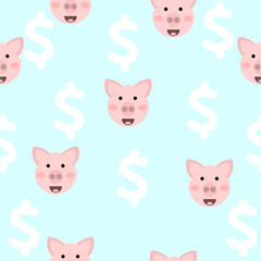 Cute pig seamless pattern with white clouds as dollar