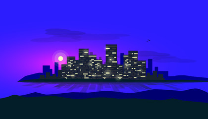 Fototapeta premium Night scene of city bank glowing skyscrapes skyline office buildings. Shadows and reflections on the water of riverside sea bay. Urban vector illustration with clouds ons sky and hills in the front.