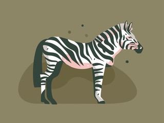 Hand drawn vector abstract cartoon modern graphic African Safari Nature concept collage illustrations art print with zebra animal isolated on brown color background