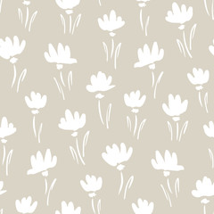 White Abstract Gestural Snowdrop Flowers Vector Seamless Pattern. Simple Clean Floral Backrgound.