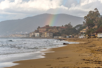Rainbow over a Village in Southern Italy on the Mediterranean Coast
