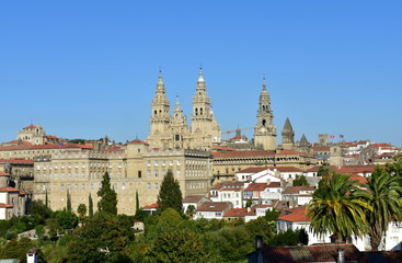 Fototapeta premium Cathedral, view from Alameda park. Baroque facade and towers with City Hall. Santiago de Compostela, Spain.