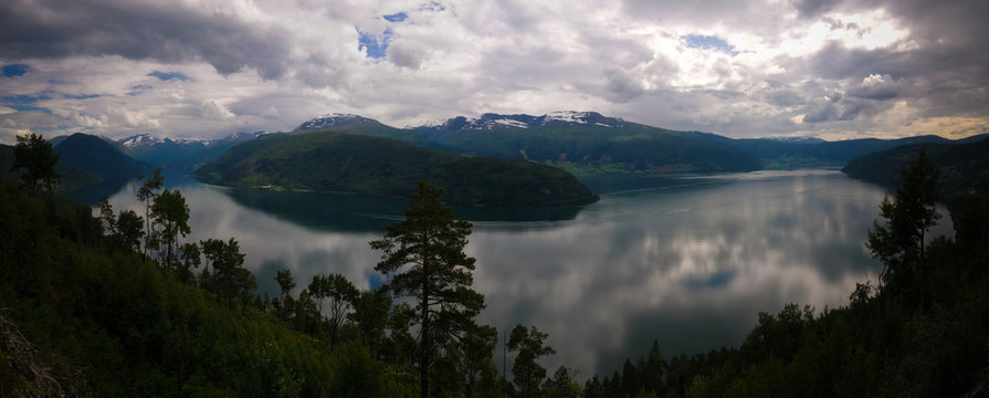 Landscape panoramic view to innvikfjorden, innvik and utvik village, Norway