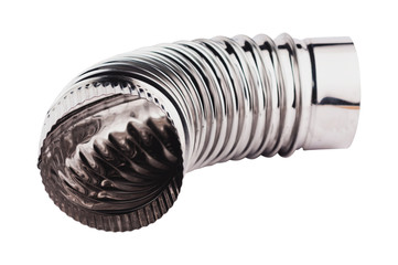 Single corrugated chrome elbow pipe for ventilation in home or office or other building isolated on white background without shadow