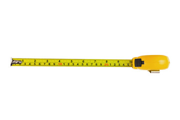 Single yellow plastic tape measure isolated on white background without shadow