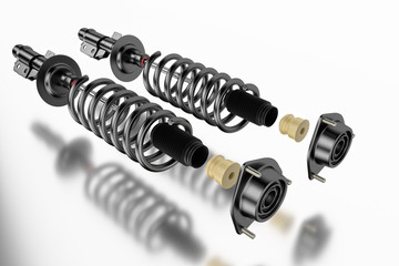 3D rendering. Passenger car Shock Absorber with dust cap, buffer mounting and strut mounting - new...