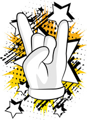 Vector cartoon hand in rocker pose. Illustrated hand expression, gesture on comic book background.