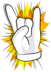 Vector cartoon hand in rocker pose. Illustrated hand expression, gesture on comic book background.